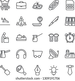Thin Line Icon Set - satellite antenna vector, arrival, baggage conveyor, alarm clock, vip, baby room, job, heavy scales, headphones, sim, case, ink pen, office phone, paper binder, hierarchy, pond