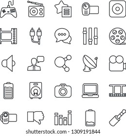 Thin Line Icon Set - satellite antenna vector, film frame, reel, camera, radio, speaker, gamepad, settings, equalizer, video, dialog, laptop pc, share, finger down, favorites list, battery, low, rca