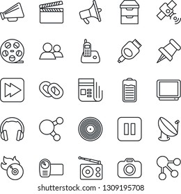 Thin Line Icon Set - satellite antenna vector, clapboard, reel, vinyl, flame disk, camera, radio, news, loudspeaker, tv, video, headphones, phone, share, chain, group, paper pin, battery, hdmi