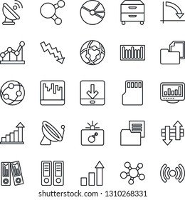 Thin Line Icon Set - satellite antenna vector, bomb in case, growth statistic, office binder, crisis graph, folder document, barcode, network, share, scanner, sd, data exchange, download, pie, point