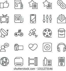 Thin Line Icon Set - satellite antenna vector, film frame, reel, news, gamepad, settings, video camera, network, cell phone, speaker, headphones, radio, chain, finger up, favorites list, heart, mail