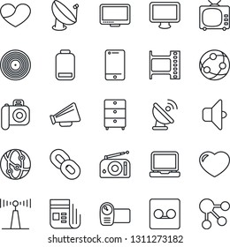 Thin Line Icon Set - satellite antenna vector, film frame, vinyl, archive chest, camera, radio, news, loudspeaker, tv, video, network, cell phone, monitor, laptop pc, chain, heart, low battery