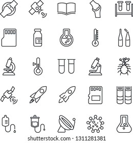 Thin Line Icon Set - satellite antenna vector, book, blood test vial, dropper, microscope, ampoule, joint, virus, sd, thermometer, rocket, flask