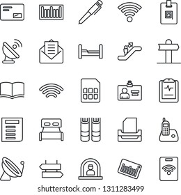 Thin Line Icon Set - satellite antenna vector, escalator, signpost, reception, identity card, book, document, pulse clipboard, barcode, radio phone, mail, sim, wireless, paper tray, pen, bedroom