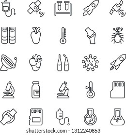 Thin Line Icon Set - satellite antenna vector, book, blood test vial, dropper, microscope, ampoule, real heart, joint, virus, sd, thermometer, rocket, flask