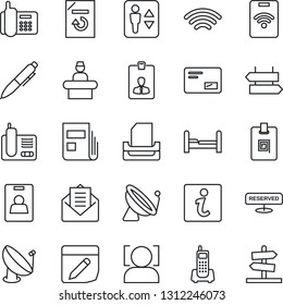 Thin Line Icon Set - satellite antenna vector, elevator, signpost, reception, identity card, pen, document reload, office phone, radio, mail, notes, wireless, face id, news, paper tray, bedroom