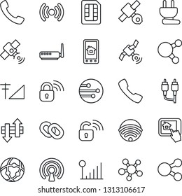 Thin Line Icon Set - satellite vector, share, chain, rca, call, sim, network, data exchange, cellular signal, wireless, power plug, lock, router, home control app, social media