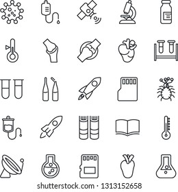Thin Line Icon Set - satellite antenna vector, book, blood test vial, dropper, microscope, ampoule, real heart, joint, virus, sd, thermometer, rocket, flask