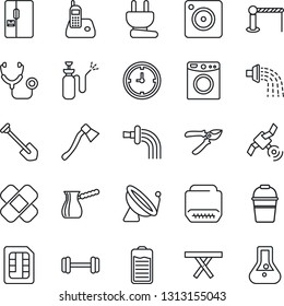 Thin Line Icon Set - satellite antenna vector, barrier, job, bucket, watering, pruner, axe, picnic table, garden sprayer, stethoscope, patch, barbell, clock, radio phone, battery, hdmi, sim, fridge