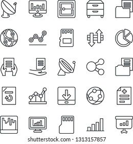 Thin Line Icon Set - satellite antenna vector, document, statistic monitor, reload, diagnosis, folder, network, scanner, sd, data exchange, download, statistics, bar graph, pie, point, archive box