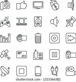 Thin Line Icon Set - satellite antenna vector, film frame, flame disk, camera, speaker, gamepad, equalizer, video, monitor, radio phone, finger up, paper pin, battery, low, mail, pause button, stop