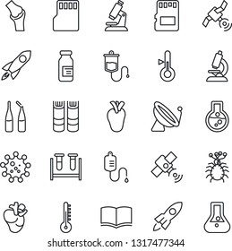 Thin Line Icon Set - satellite antenna vector, book, blood test vial, dropper, microscope, ampoule, real heart, joint, virus, sd, thermometer, rocket, flask