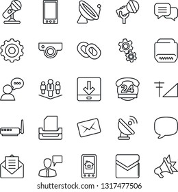 Thin Line Icon Set - satellite antenna vector, speaking man, gear, 24 hours, microphone, dialog, speaker, chain, mail, hdmi, mobile, message, download, cellular signal, paper tray, company, router