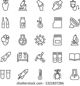 Thin Line Icon Set - satellite antenna vector, book, blood test vial, dropper, microscope, ampoule, real heart, joint, virus, sd, thermometer, rocket, flask