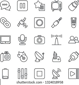 Thin Line Icon Set - satellite antenna vector, flame disk, camera, tv, settings, microphone, remote control, dialog, radio phone, chain, group, favorites list, low battery, pause button, stop, rca