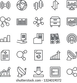 Thin Line Icon Set - satellite antenna vector, growth statistic, office binder, document, monitor, reload, diagnosis, barcode, share, scanner, network, data exchange, download, statistics, bar graph
