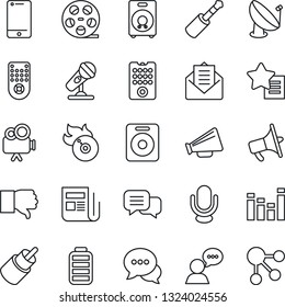 Thin Line Icon Set - satellite antenna vector, reel, flame disk, microphone, news, loudspeaker, equalizer, video camera, remote control, cell phone, dialog, speaker, finger down, favorites list, rca