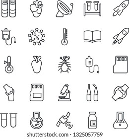 Thin Line Icon Set - satellite antenna vector, book, blood test vial, dropper, microscope, ampoule, real heart, joint, virus, sd, thermometer, rocket, flask