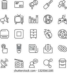 Thin Line Icon Set - satellite antenna vector, reel, archive chest, flame disk, microphone, radio, news, loudspeaker, tv, gamepad, equalizer, remote control, network, touch screen, speaker, share