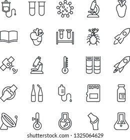 Thin Line Icon Set - satellite antenna vector, book, blood test vial, dropper, microscope, ampoule, real heart, joint, virus, sd, thermometer, rocket, flask