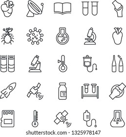 Thin Line Icon Set - satellite antenna vector, book, blood test vial, dropper, microscope, ampoule, real heart, joint, virus, sd, thermometer, rocket, flask