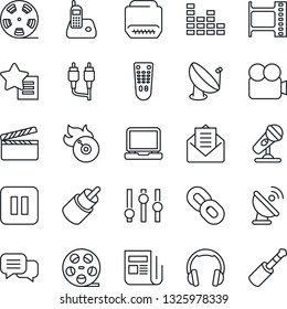 Thin Line Icon Set - satellite antenna vector, clapboard, film frame, reel, flame disk, microphone, news, settings, equalizer, video camera, remote control, dialog, headphones, laptop pc, chain, rca