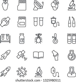Thin Line Icon Set - satellite antenna vector, book, blood test vial, dropper, microscope, ampoule, real heart, joint, virus, sd, thermometer, rocket, flask