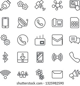 Thin Line Icon Set - satellite antenna vector, phone, mobile, gear, dialog, share, hdmi, call, mail, sim, download, bluetooth, wireless, intercome, home control app, group, advertising