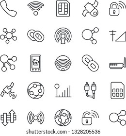 Thin Line Icon Set - satellite vector, network, share, chain, rca, call, sim, data exchange, cellular signal, wireless, lock, router, home control app, social media