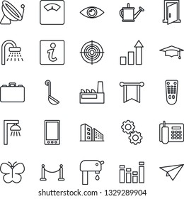 Thin Line Icon Set - satellite antenna vector, fence, shower, growth statistic, case, graduate, watering can, butterfly, scales, eye, equalizer, remote control, mobile, office phone, target, factory