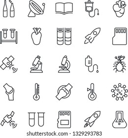 Thin Line Icon Set - satellite antenna vector, book, blood test vial, dropper, microscope, ampoule, real heart, joint, virus, sd, thermometer, rocket, flask
