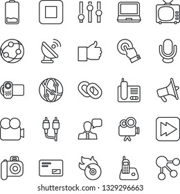 Thin Line Icon Set - satellite antenna vector, flame disk, camera, loudspeaker, tv, settings, video, microphone, network, touch screen, speaker, laptop pc, radio phone, chain, finger up, low battery