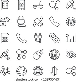 Thin Line Icon Set - satellite vector, network, share, chain, rca, call, sim, data exchange, cellular signal, wireless, power plug, lock, router, home control app, social media