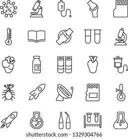 Thin Line Icon Set - satellite antenna vector, book, blood test vial, dropper, microscope, ampoule, real heart, joint, virus, sd, thermometer, rocket, flask