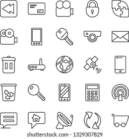 Thin Line Icon Set - satellite antenna vector, trash bin, lock, mobile phone, mail, video camera, cell, rewind, message, update, network, application, calculator, key, wireless, router, web, home