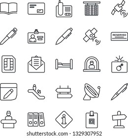 Thin Line Icon Set - satellite antenna vector, escalator, signpost, bomb in case, reception, flight table, identity card, book, pen, radio phone, mail, sim, notes, paper binder, bedroom, reserved