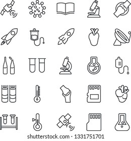 Thin Line Icon Set - satellite antenna vector, book, blood test vial, dropper, microscope, ampoule, real heart, joint, virus, sd, thermometer, rocket, flask