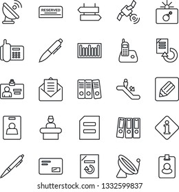 Thin Line Icon Set - satellite antenna vector, escalator, signpost, bomb in case, reception, identity card, pen, document, reload, office phone, barcode, radio, mail, notes, paper binder, reserved