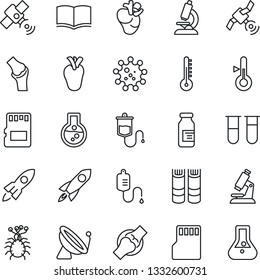Thin Line Icon Set - satellite antenna vector, book, blood test vial, dropper, microscope, ampoule, real heart, joint, virus, sd, thermometer, rocket, flask