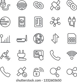 Thin Line Icon Set - satellite vector, network, share, chain, rca, call, sim, data exchange, cellular signal, wireless, power plug, lock, router, home control app, social media
