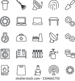 Thin Line Icon Set - satellite antenna vector, gear, trowel, rake, garden sprayer, doctor case, blood pressure, test vial, laptop pc, themes, fingerprint id, notebook, table, washer, factory, filter
