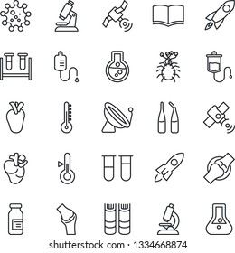 Thin Line Icon Set - satellite antenna vector, book, blood test vial, dropper, microscope, ampoule, real heart, joint, virus, thermometer, rocket, flask