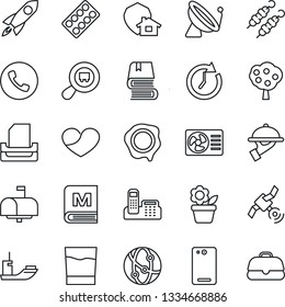 Thin Line Icon Set - satellite antenna vector, phone, stamp, flower in pot, pills blister, sea shipping, search cargo, network, heart, back, office, paper tray, book, fruit tree, mailbox, menu, case