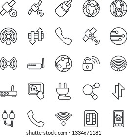 Thin Line Icon Set - satellite vector, network, share, rca, call, sim, data exchange, wireless, power plug, lock, router, home control app