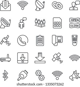 Thin Line Icon Set - satellite antenna vector, speaking man, team, remote control, speaker, chain, mail, hdmi, sim, download, wireless, bluetooth, clipboard, phone, open close, router, intercome