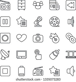 Thin Line Icon Set - satellite antenna vector, film frame, reel, archive chest, flame disk, camera, microphone, radio, news, speaker, tv, touch screen, chain, group, favorites list, heart, stop, rca
