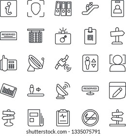 Thin Line Icon Set - satellite antenna vector, elevator, escalator, no smoking, bomb in case, flight table, pulse clipboard, signpost, office phone, barcode, notes, face id, news, identity card