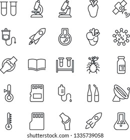 Thin Line Icon Set - satellite antenna vector, book, blood test vial, dropper, microscope, ampoule, real heart, joint, virus, sd, thermometer, rocket, flask