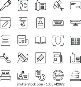 Thin Line Icon Set - satellite antenna vector, elevator, escalator, no smoking, flight table, identity card, book, pen, document, reload, office phone, radio, mail, notes, face id, news, bedroom