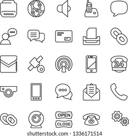 Thin Line Icon Set - satellite vector, 24 hours, speaker, network, cell phone, dialog, radio, chain, mail, hdmi, mobile, call, message, paper tray, open close, wireless, web camera, gear